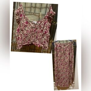 Patrons of Peace Pink and Cream Floral Slit Skirt Set. (Large top, medium skirt)